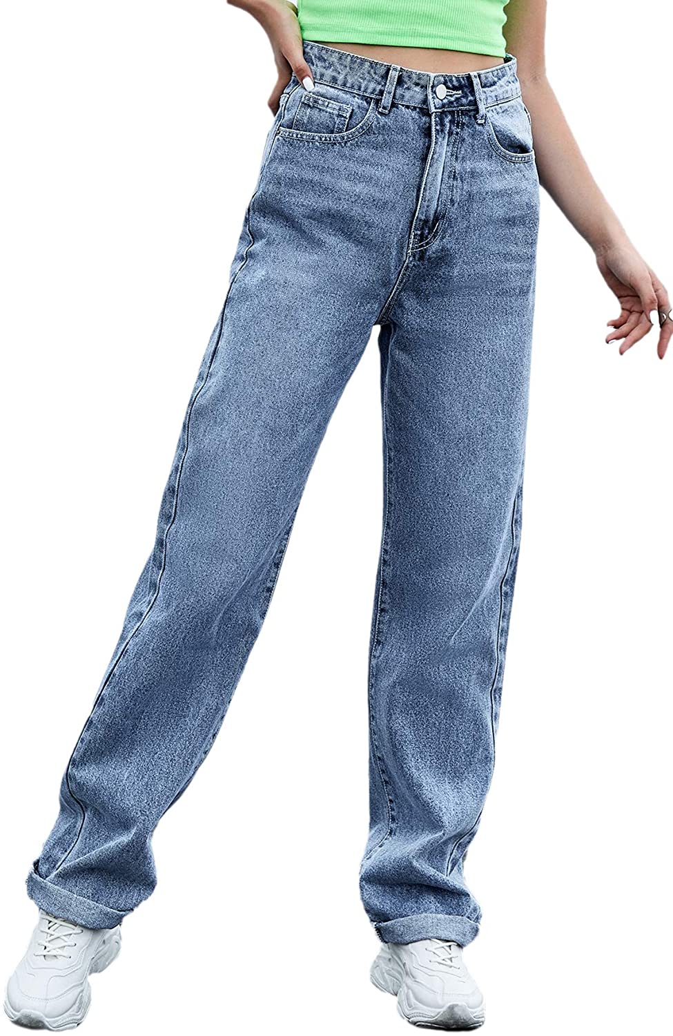 Pantalón largo holgado con cintura elástica de pierna ancha con parche casual para mujer Azul 